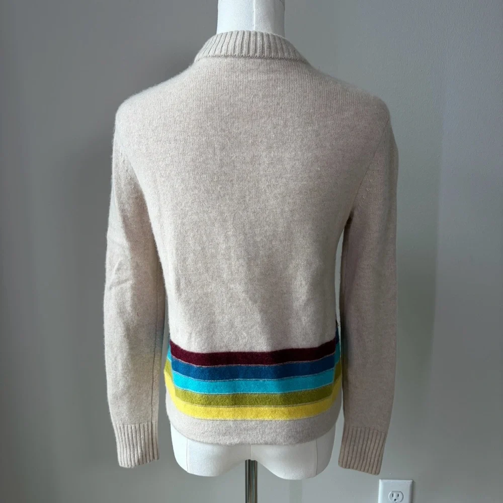 Tory Burch Oatmeal Rainbow Stripe Cashmere Crewneck Sweater